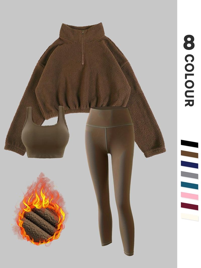 Women's thermal fleece active set with sculpting leggings and cozy pullover, perfect for winter workouts.
