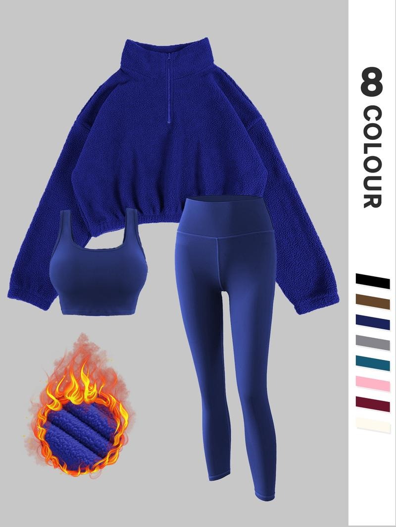 Cozy women's thermal fleece activewear set: warm leggings, supportive bra, and soft pullover for cold weather.