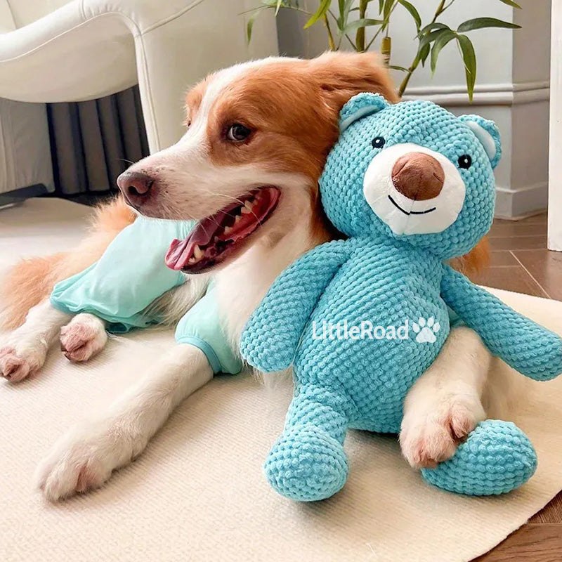 Indestructible blue giant bear plush dog toy for aggressive chewers, durable pet supplies.