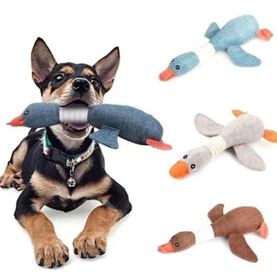 Indestructible plush goose dog toy, durable for heavy chewers, promoting dental health.