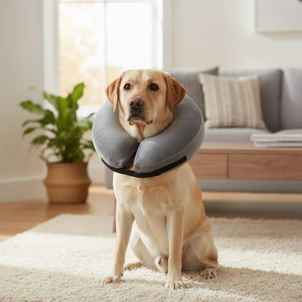 Inflatable pet recovery collar for dogs and cats, soft protective gear for post-op comfort.