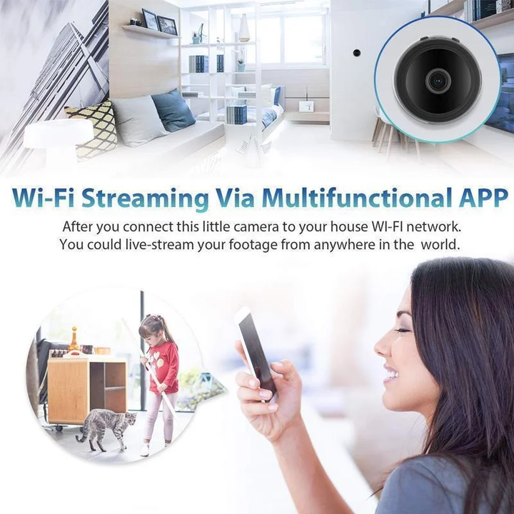 Ultra-compact WiFi 1080p mini camera for indoor home security, offering discreet surveillance.