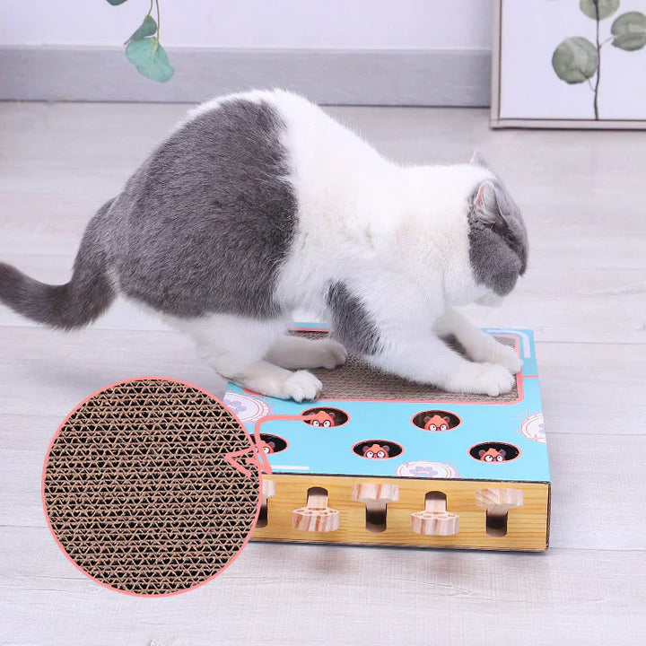 Cat toy play box with multiple scratching surfaces and peep holes for interactive feline fun