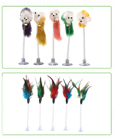 Interactive cat feather mouse toy with strong suction cup base and jingling bell for endless kitten play.