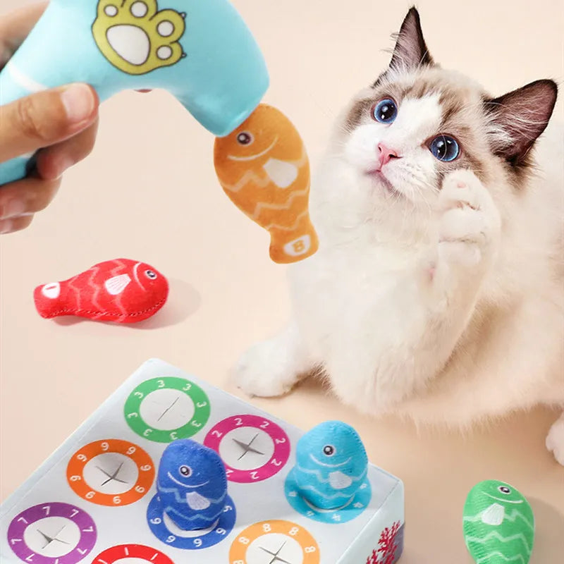 Interactive cat fish toy for chewing, dental care, and feline playtime enrichment.