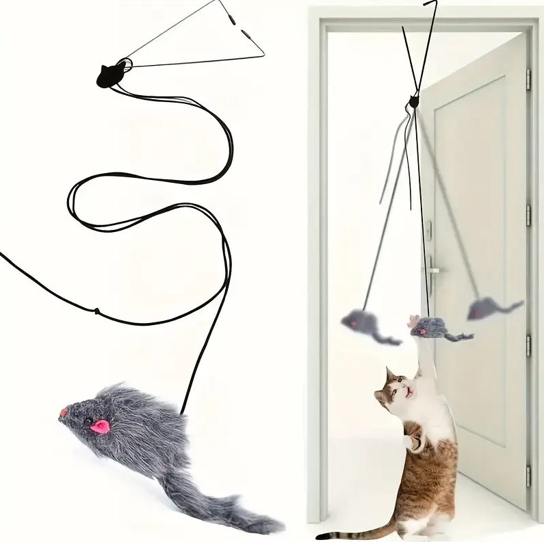 Interactive cat mouse toy with retractable string for feline exercise and mental stimulation.