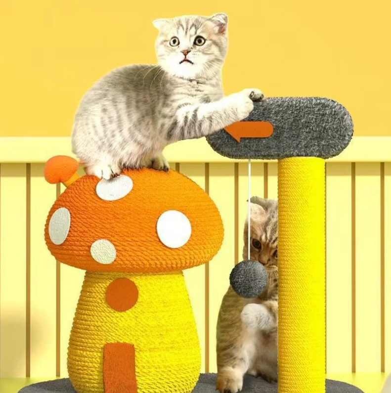 Interactive cat scratching post & play station with multiple levels for feline enrichment
