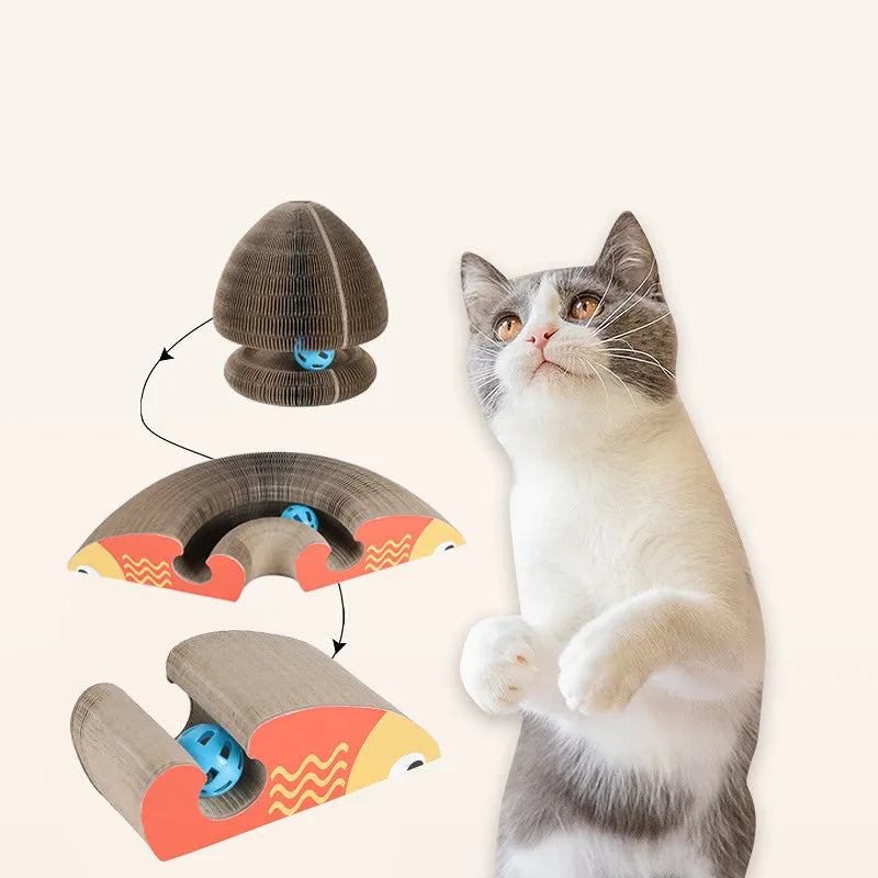 Interactive cat scratching tower with three levels and dangling play ball, enriching cat exercise.