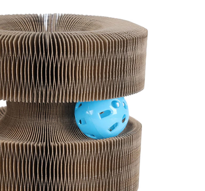 Side view of an interactive cat scratching tower, showing accessible scratching areas and play ball.