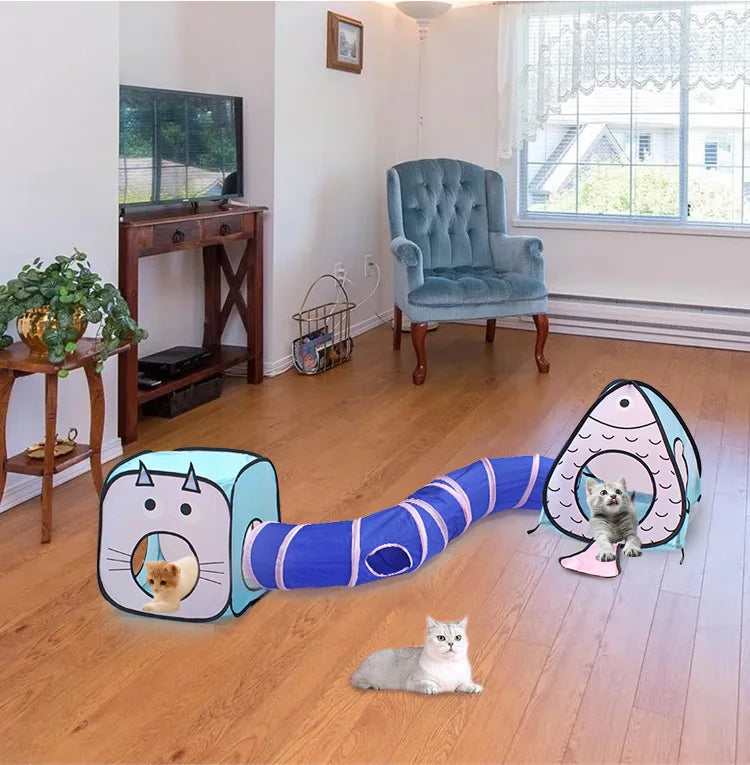 Interactive cat toy tunnel with integrated play cave house for feline fun and activity