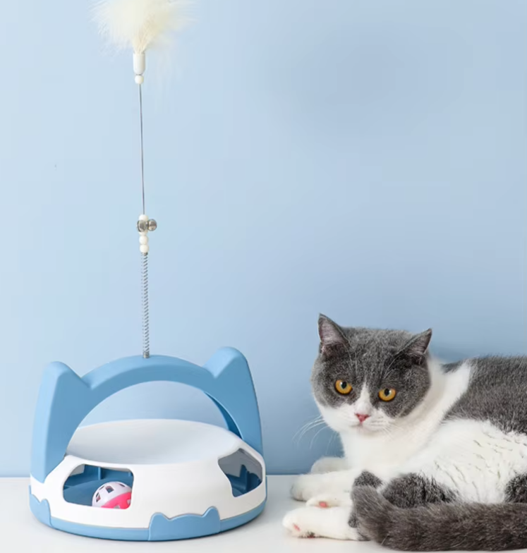 Interactive cat toy with feather wand and rolling ball for active feline enrichment