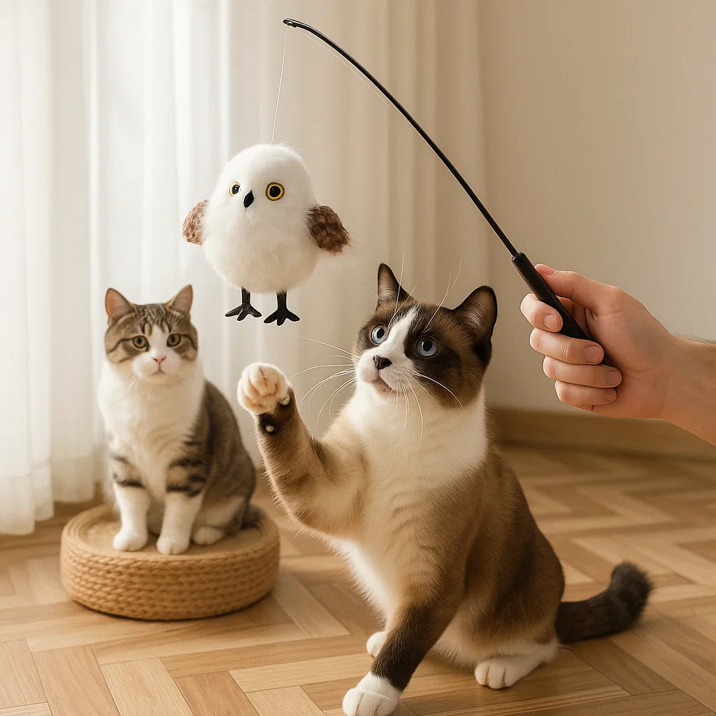 Interactive cat toy with realistic bird motion and chirping sound simulation for feline playtime.