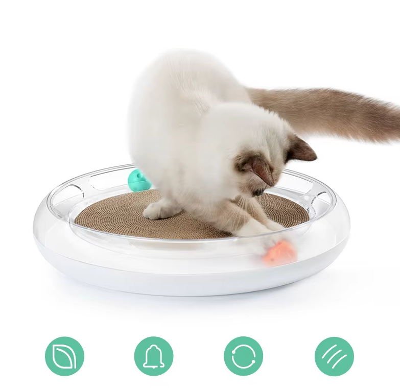 Interactive cat toy with scratching board & multiple play balls for feline enrichment & claw care