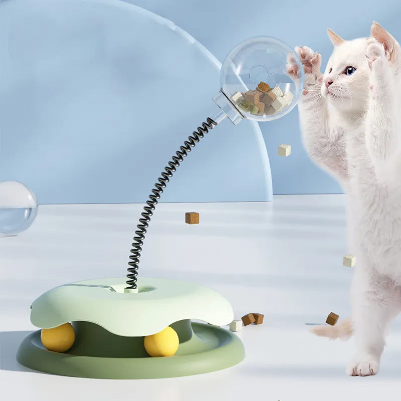 Interactive cat treat dispenser toy with flexible pole for feline enrichment and active playtime