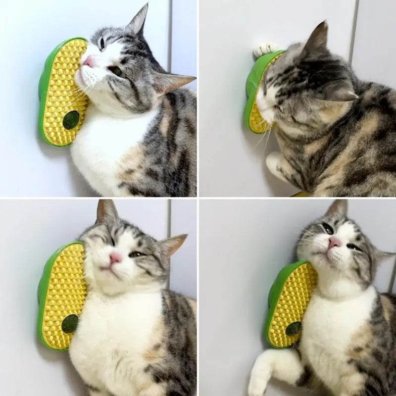 Cat enjoying an interactive catnip grooming brush, ideal for grooming and self-play for felines