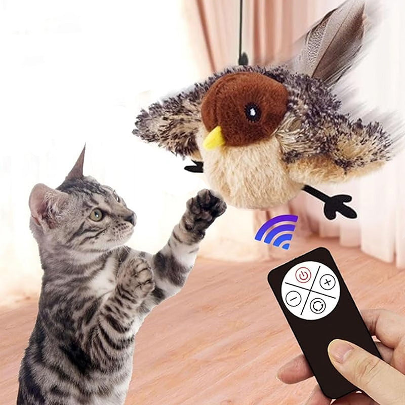Interactive chirping bird cat toy for indoor cats with silvervine, side view