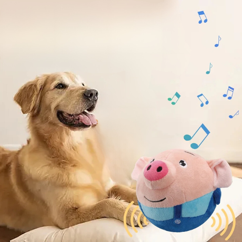 Interactive dog bouncing pig plush toy, pink, for pet enrichment and playtime