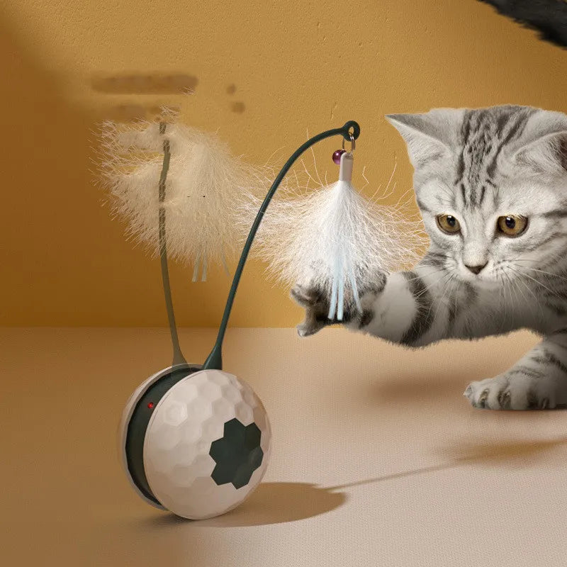 Interactive electronic cat toy ball with feather & spring, promoting feline play & enrichment