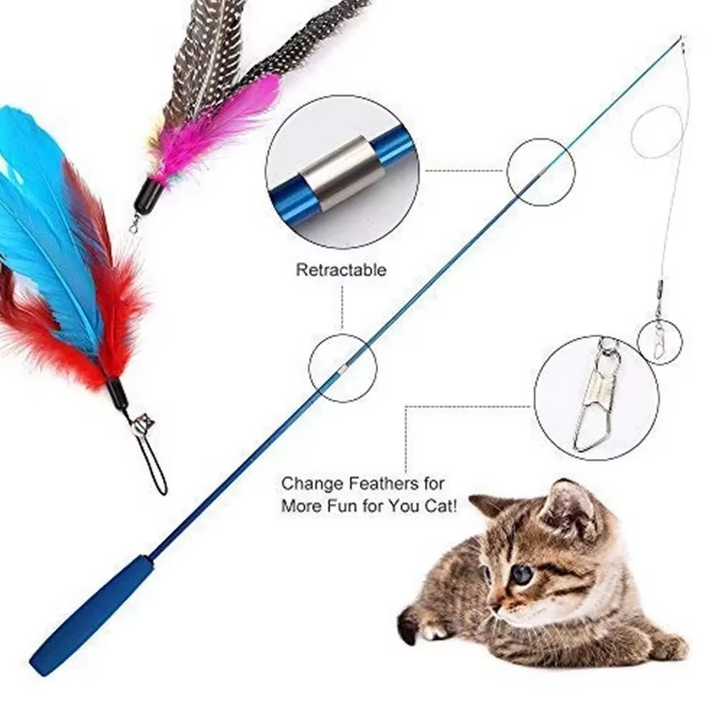 Interactive feather cat wand toy with telescopic handle for playful pet exercise and enrichment