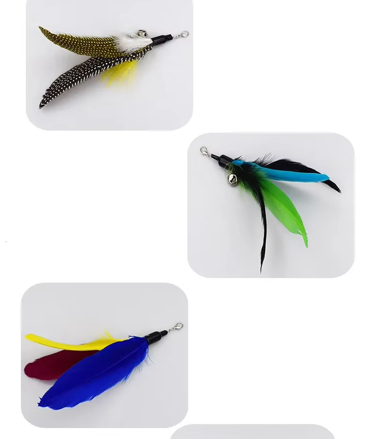 Various colorful feather attachments for an interactive cat wand, enhancing kitten enrichment