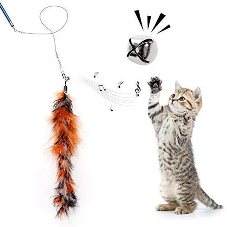 Telescopic cat wand extended with vibrant feathers, ideal for active and enriching cat playtime