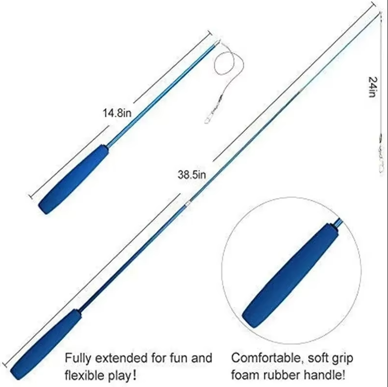 Kitten batting playfully at the feather tip of a cat wand toy, encouraging natural hunting instincts