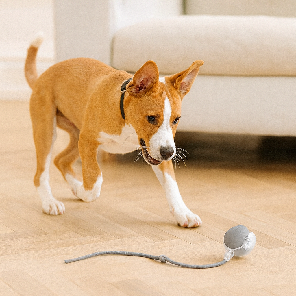 Interactive pet play ball with durable red tail for dogs, enriching fetch toy