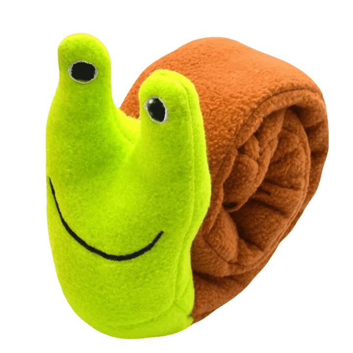 Interactive pet snail puzzle toy for dogs, blue and yellow durable fleece for enrichment and boredom busting.