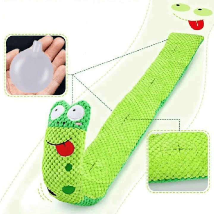 Dog happily playing with an interactive snail puzzle toy, a colorful boredom buster and durable chew toy.