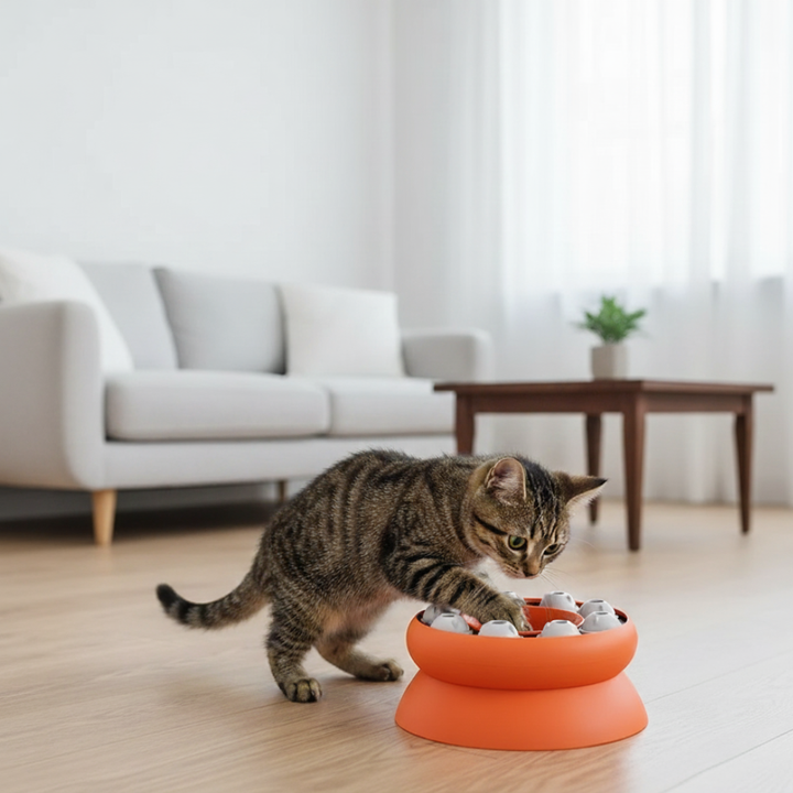 Cat supplies: Interactive slow eating puzzle feeder with ergonomic tilt helps manage cat weight