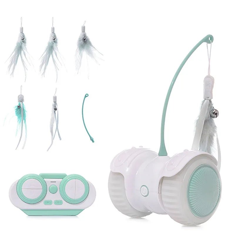 Happy cat pouncing on Electric PurrChase, an interactive remote control toy