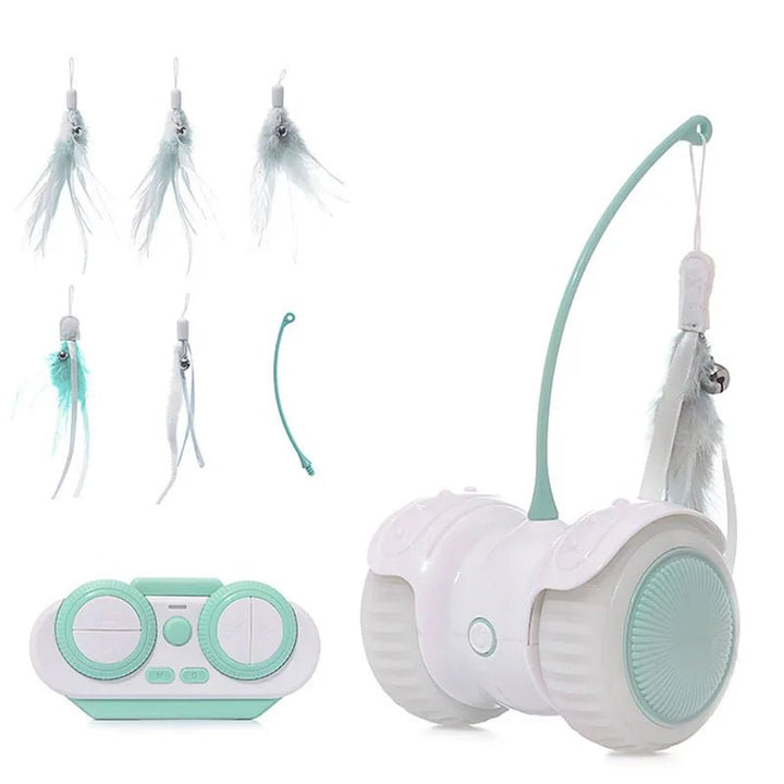 Happy cat pouncing on Electric PurrChase, an interactive remote control toy