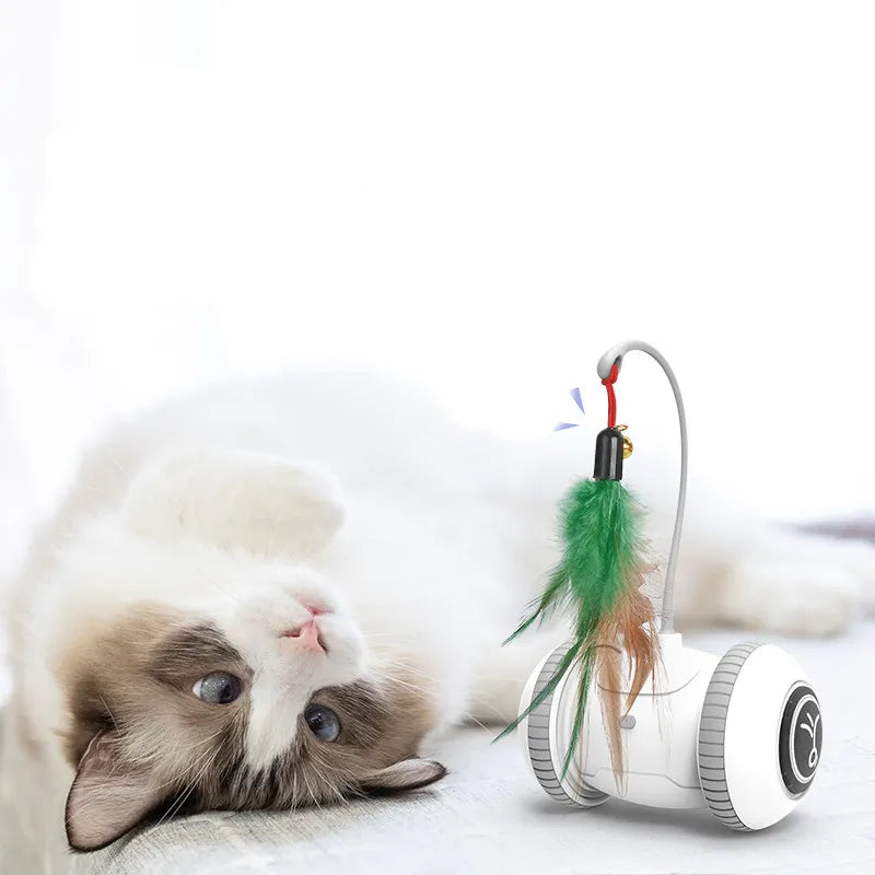 White robot cat toy featuring a feather teaser, designed for interactive pet play.