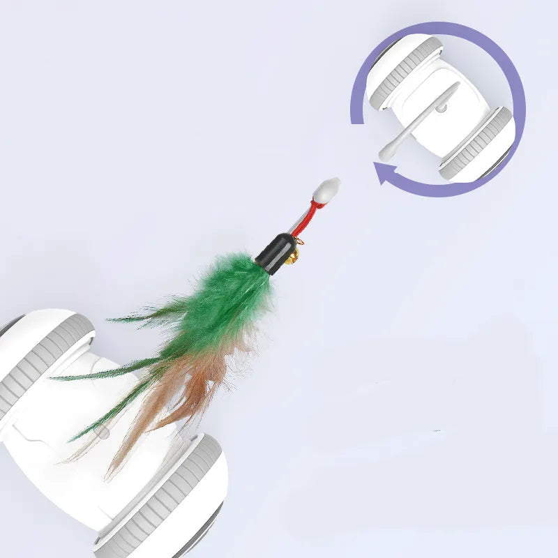 Close-up of a robot cat toy with a long feather wand, engaging cats in active play.