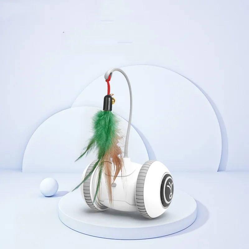 Modern interactive robot cat toy with a detachable feather, perfect for cat enrichment.