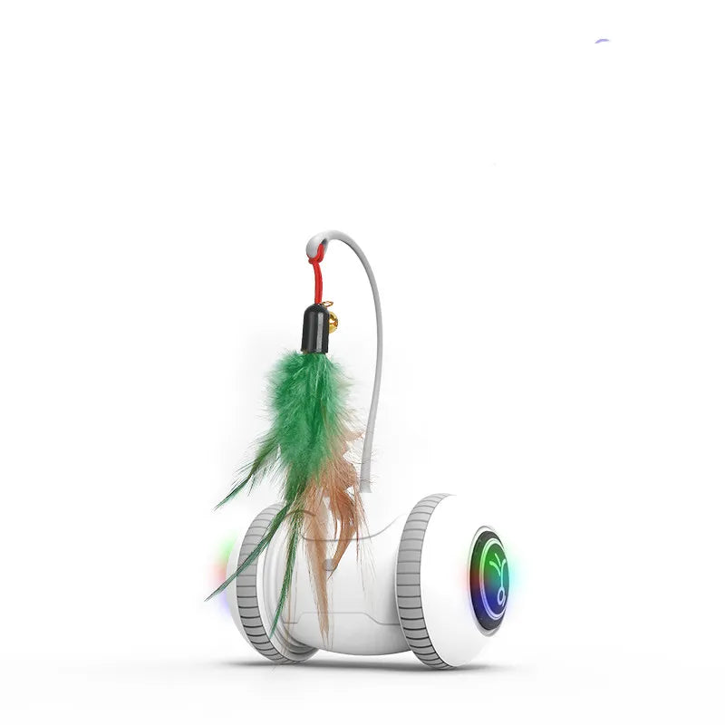 Robot cat toy with multiple feathers, encouraging feline hunting instincts and exercise.