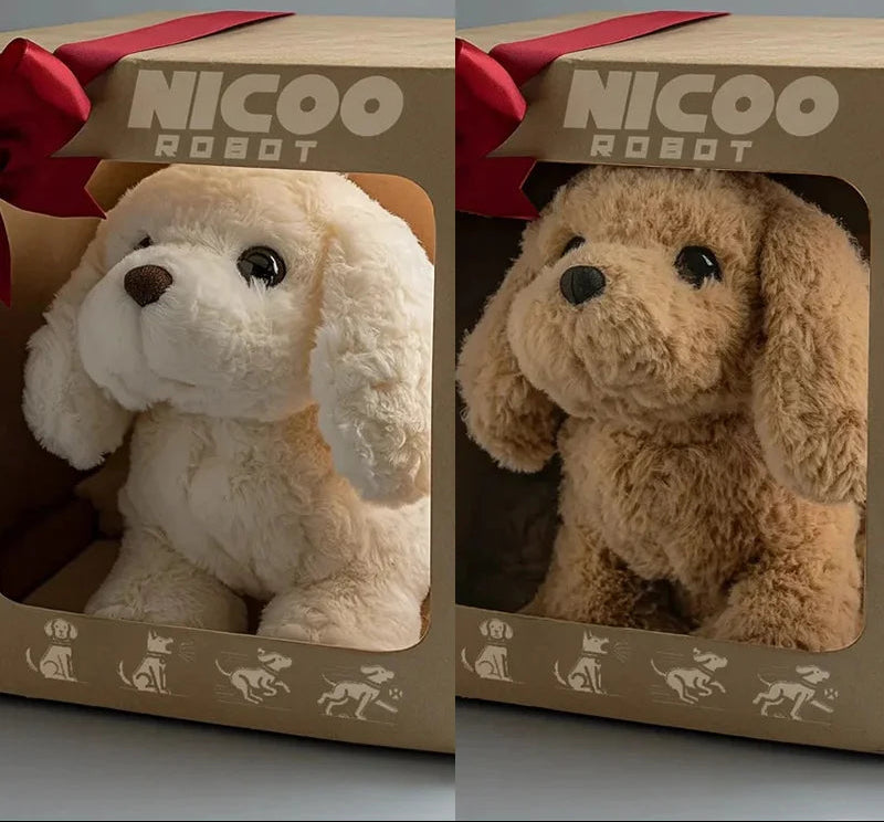 Child playing with walking robotic puppy, brown and white, on a living room floor.