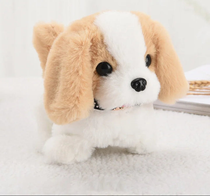 Interactive AI puppy toy, white with brown spots, standing on all four paws.