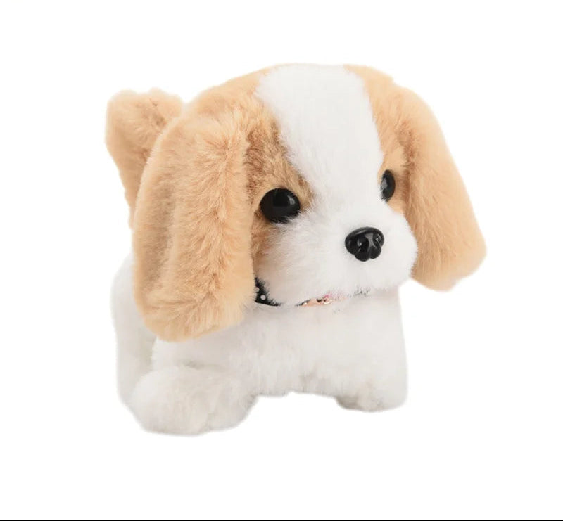 Robotic barking puppy toy, front view, showing LED eyes and textured fur.