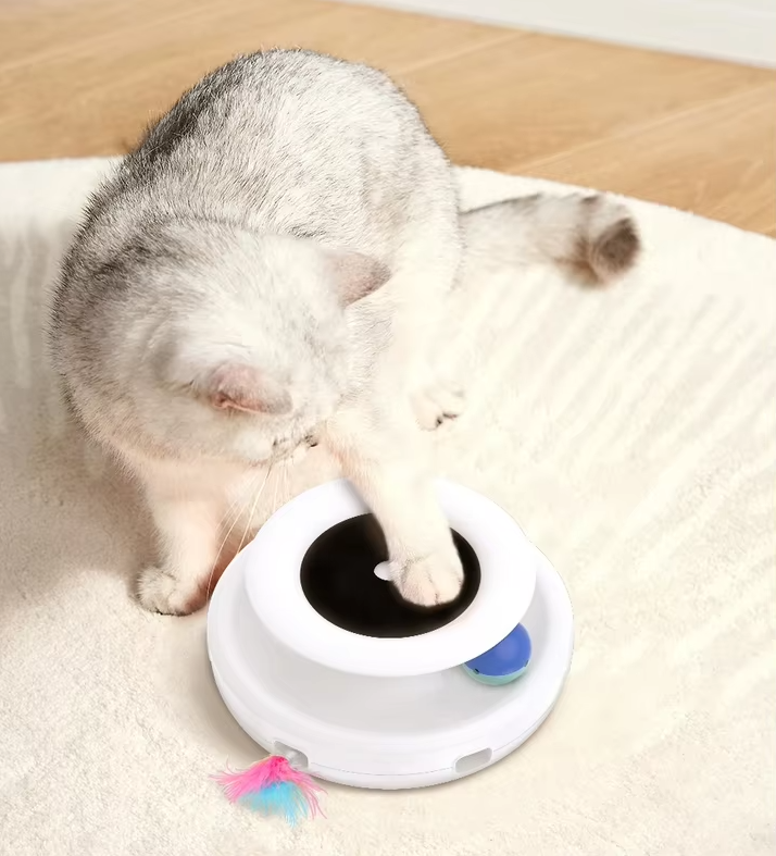 Cat batting at a white interactive LED light toy, promoting active playtime