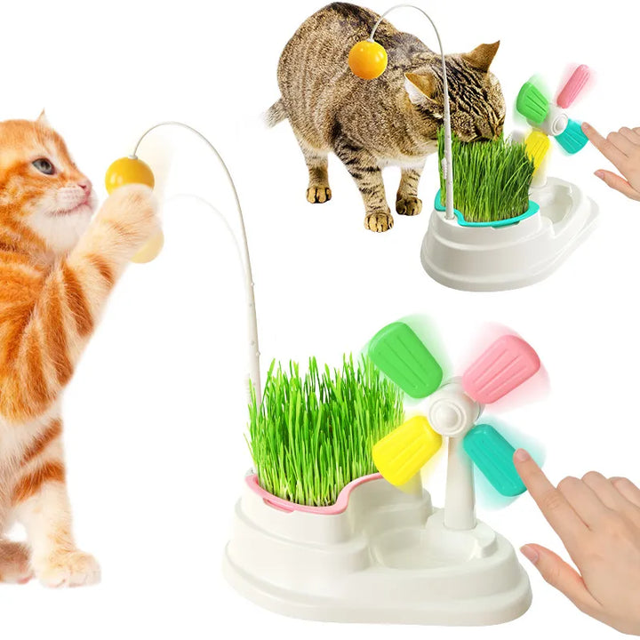 Interactive windmill cat toy with suction cup base for mental stimulation and active play