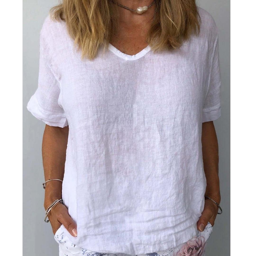 Light blue women's relaxed fit V-neck top with short sleeves, perfect for comfortable everyday casual wear.