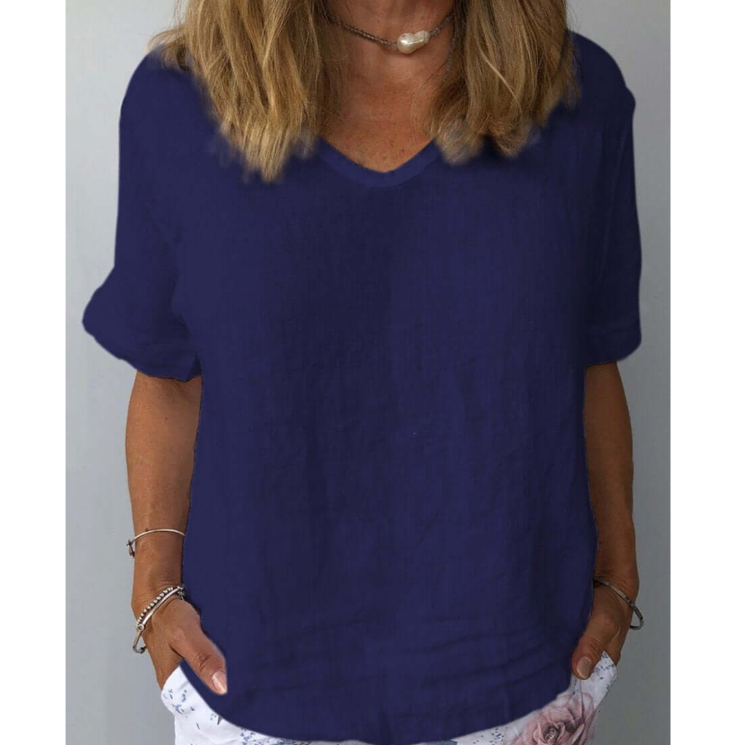 Grey comfortable women's relaxed fit v-neck top, short sleeves, a perfect casual shirt for everyday wear.