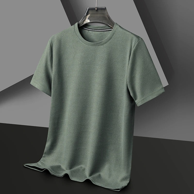 Detail shot of the waffle texture on a men's comfortable everyday t-shirt.