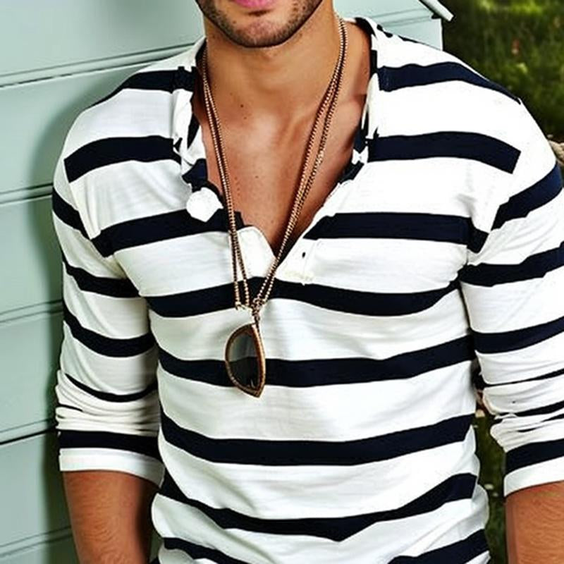 Comfortable men's long sleeve striped Henley t-shirt featuring button placket, a stylish casual top for him.