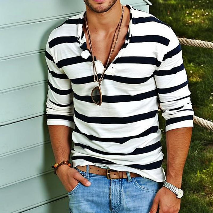 Men's long sleeve striped Henley t-shirt, a cool summer shirt for men, offering casual style for various seasons.
