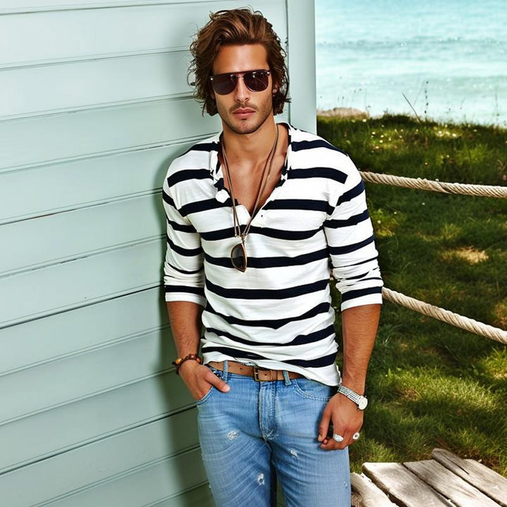 Men's long sleeve striped Henley t-shirt with classic button detail, a versatile & comfortable casual menswear top.
