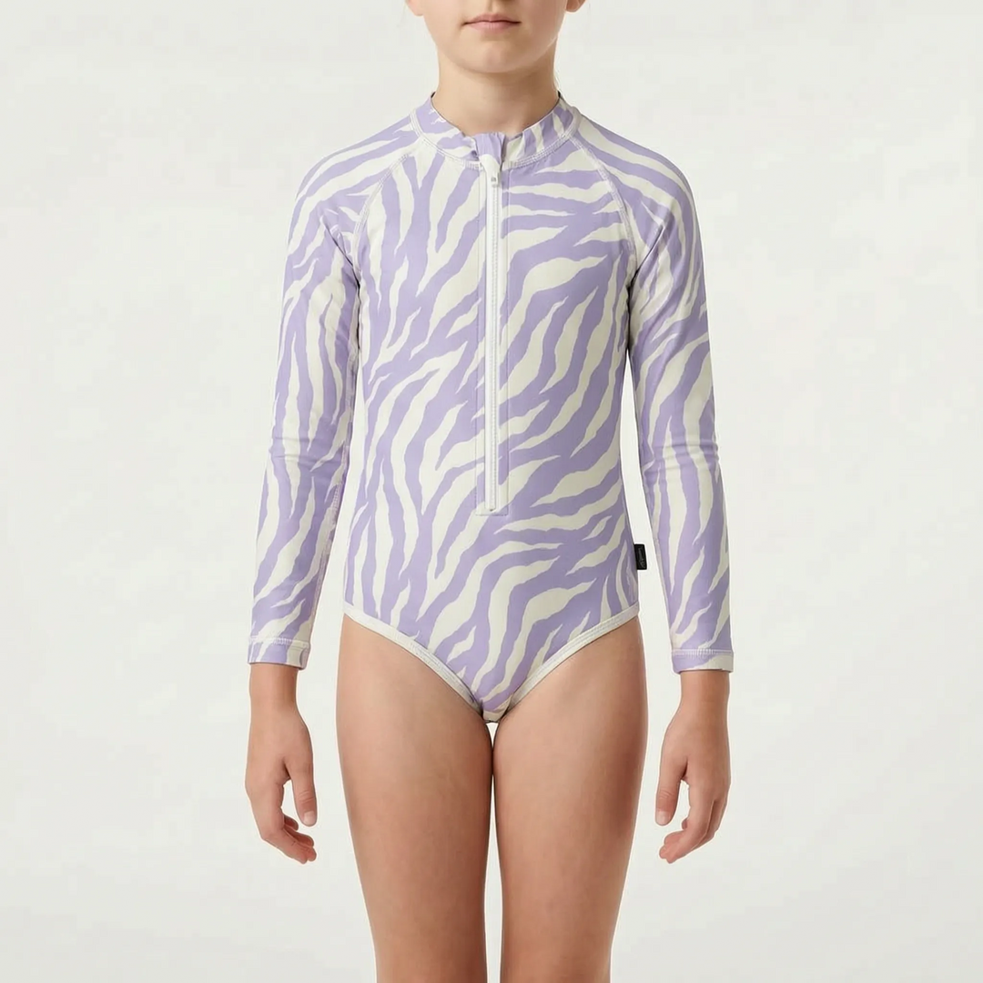 Easy-change kids' long-sleeve swimsuit. Sun protective beachwear, quick-dry fabric for active children.