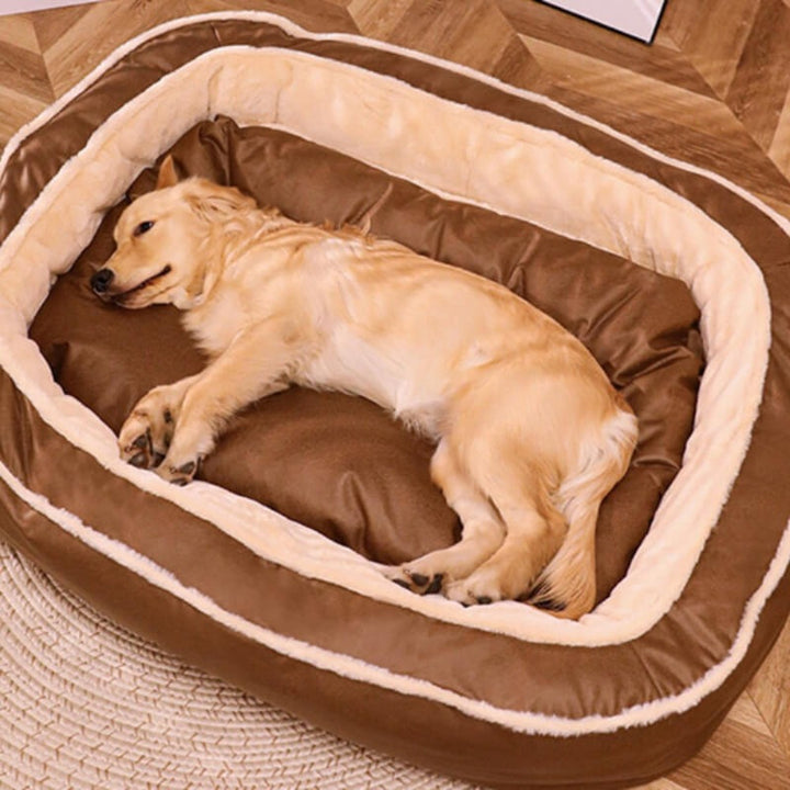 Plush large dog bed, pressure-relieving foam, promoting deep sleep and calm for pets.