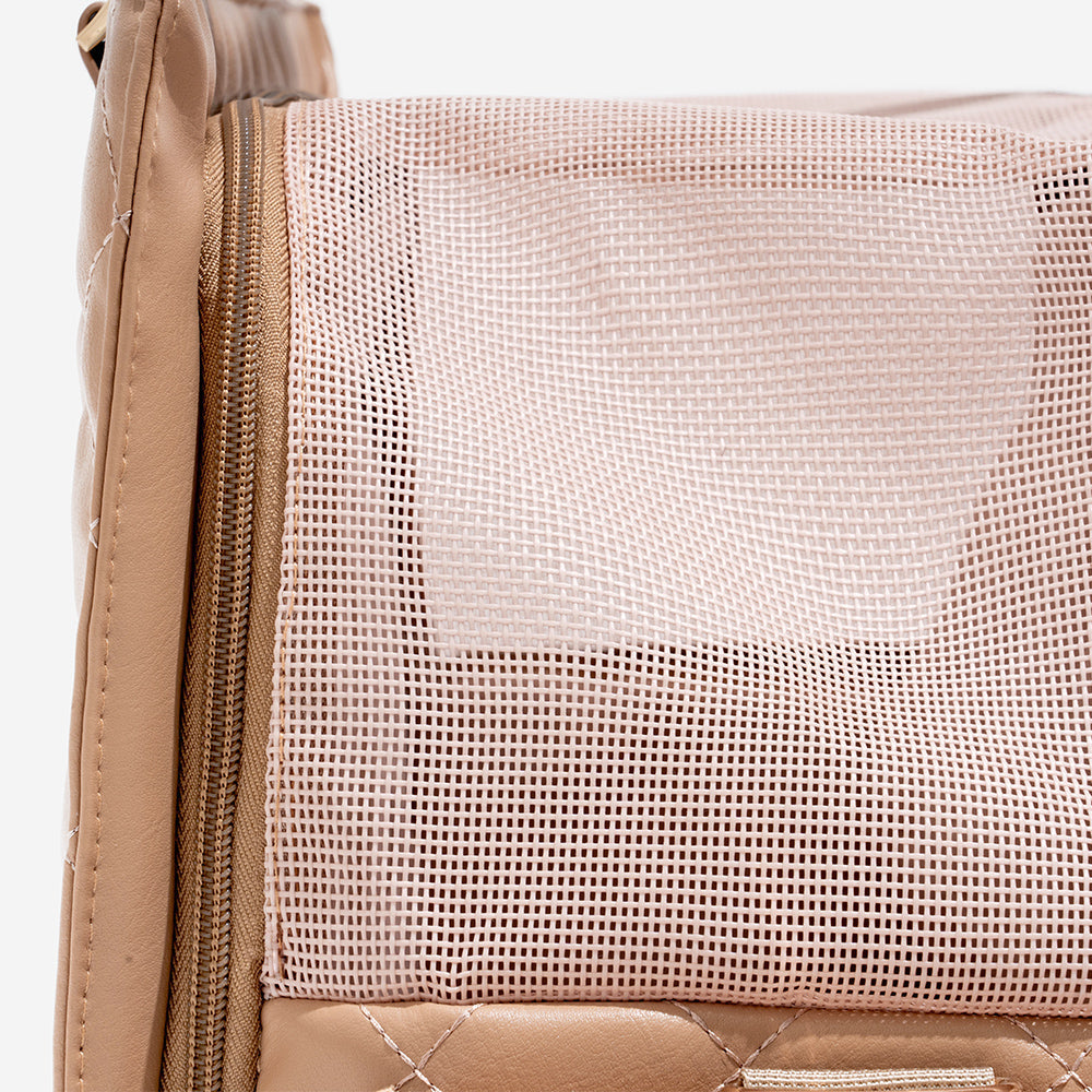 Grey pet carrier travel tote with multiple pockets for pet essentials, practical design